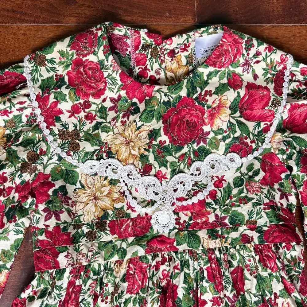 Vintage Bonnie Jean New York Red Floral Holiday Dress With Lace Trim Size 10